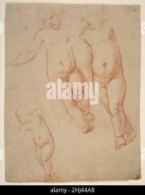 Studi sul Cristo Bambino 1513–14 Raffaello (Raffaello Sanzio o Santi) Italiano questo foglio animato di studi realizzati da un modello vivo può essere datato circa 1513-14, agli anni maturi di Raffaello a Roma, quando il suo vocabolario artistico si è concentrato sulla monumentalità scultorea della forma e sull'effetto drammatico dell'illuminazione come dispositivi compositivi. A questo punto nella sua brillante carriera alla corte papale, Raffaello realizzò alcuni dei suoi disegni più realizzati in gessi rossi e neri per adempiere alle sue numerose commissioni, molte delle quali per dipinti della Madonna col Bambino. Il mezzo di gesso, che abilita un Foto Stock