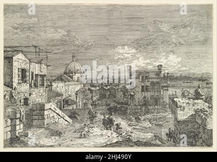 Vista immaginaria di Venezia, case a sinistra con figure su terrazze, una chiesa a cupola al centro sullo sfondo, barche e capannoni sotto, E un uomo seduto che osserva da un muro proprio in primo piano, da 'views' (viste altre presenti da i luoghi altre ideate da Antonio Canal) 1741 Canaletto (Giovanni Antonio Canal) la Venezia italiana nel Settecento fu il luogo di una straordinaria fioritura della produzione di stampe, che ha raggiunto il suo apogeo negli anni 1740–45. Fu in questi anni che Canaletto, il grande pittore di vedute di Venezia e anche dell'Inghilterra durante il suo soggiorno, matto Foto Stock