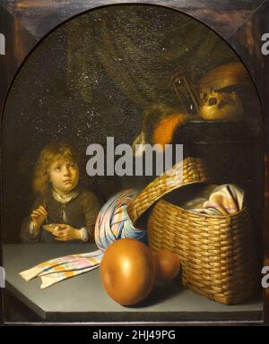 Ancora vita con un Boy soffiando le bolle di sapone di Gerard Dou, c.. 1635-1636, olio sul pannello Foto Stock