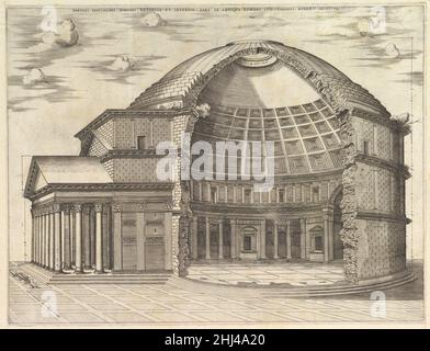 Speculum Romanae Magnificentiae: Il Pantheon, spezzato per mostrare l'interno 1553 Anonimo questa stampa proviene dalla copia del museo dello Speculum Romanae Magnificentiae (lo specchio della magnificenza romana) lo Speculum ha trovato la sua origine negli sforzi editoriali di Antonio Salamanca e Antonio Lafreri. Durante la carriera editoriale romana, i due editori stranieri - che hanno lavorato insieme tra il 1553 e il 1563 - hanno iniziato la produzione di stampe che registrano opere d'arte, architettura e vedute della città relative alla Roma antica e moderna. Le stampe potrebbero essere acquistate singolarmente dai turisti e dal col Foto Stock