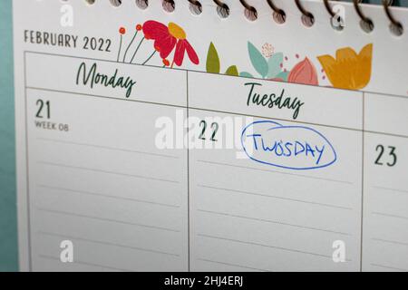 'Twosday' - Febbraio 22nd 2022 a palindrome date 22/02/2022 Foto Stock