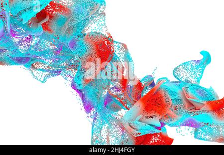 Arte astratta con esplosione crescente surreale ondulato fumo nube spruzzi fluido. Piccole sfere di schiuma colorate bolle particelle in movimento. 3d rendering dell'immagine. Foto Stock