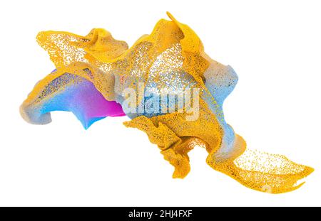 Arte astratta con esplosione crescente surreale ondulato fumo nube spruzzi fluido. Piccole sfere di schiuma colorate bolle particelle in movimento. 3d rendering dell'immagine. Foto Stock