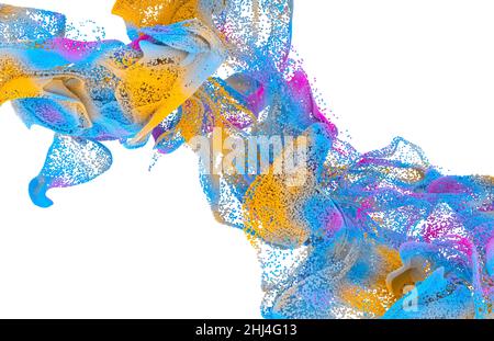 Arte astratta con esplosione crescente surreale ondulato fumo nube spruzzi fluido. Piccole sfere di schiuma colorate bolle particelle in movimento. 3d rendering dell'immagine. Foto Stock