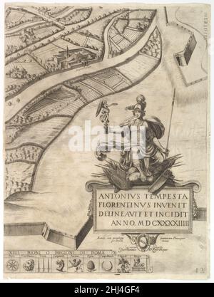 Piano della Città di Roma. Parte 12 con il confine sud-occidentale della città e un grande Cartouche con firma di Tempesta. 1645 Antonio Tempesta parte italiana 12 con il confine sud-occidentale della città. Sotto si trova un grande cartouche con la firma di Tempesta. Nel margine inferiore si individuano i simboli dei comuni di Roma: Ripa; Trastevere; Trevi; Campitello; Parione; Pignia; campo di Marzo; Sant'Angelo e Borgo. Piano della Città di Roma. Parte 12 con il confine sud-occidentale della città e un grande Cartouche con firma di Tempesta. 414814 Foto Stock