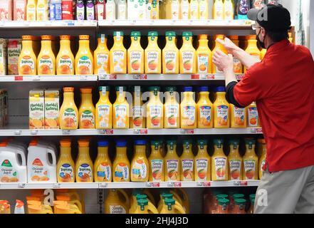 Ladue, Stati Uniti. 26th Jan 2022. Il dipendente Joseph mette succo d'arancia su un rifugio per la vendita presso i mercati Schnucks di Ladue, Missouri mercoledì 26 gennaio 2022. Il Dipartimento dell'Agricoltura degli Stati Uniti ha avvertito i coltivatori di arancia possono vedere un raccolto basso resa quest'anno a causa delle malattie di Greening di Citrus. Gli alberi infetti portano frutti che sono più piccoli, più alti in acidità e più bassi in zucchero. I funzionari dicono che questo anno il raccolto potrebbe essere una delle stagioni peggiori dalla seconda guerra mondiale e i prezzi del succo aumenterà pure. Foto di Bill Greenblatt/UPI Credit: UPI/Alamy Live News Foto Stock