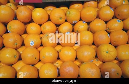 Ladue, Stati Uniti. 26th Jan 2022. Le arance brillanti e grumate si trovano in vendita presso i mercati di Schnucks a Ladue, Missouri mercoledì 26 gennaio 2022. Il Dipartimento dell'Agricoltura degli Stati Uniti ha avvertito i coltivatori di arancia possono vedere un raccolto basso resa quest'anno a causa delle malattie di Greening di Citrus. Gli alberi infetti portano frutti che sono più piccoli, più alti in acidità e più bassi in zucchero. I funzionari dicono che questo anno il raccolto potrebbe essere una delle stagioni peggiori dalla seconda guerra mondiale Foto di Bill Greenblatt/UPI Credit: UPI/Alamy Live News Foto Stock