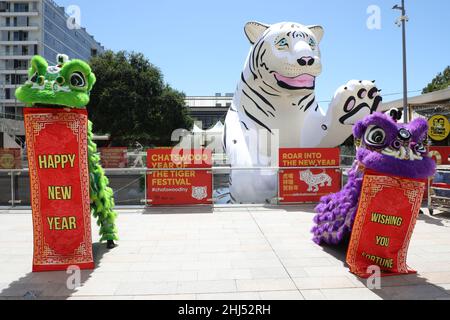 Sydney, Australia. 27th gennaio 2022. Chatswood Lunar New Year Festival celebra l'anno della Tigre con un programma di un mese che abbraccia commedia, arte, cibo e musica dal 27 gennaio al 20 febbraio 2022. Credit: Richard Milnes/Alamy Live News Foto Stock