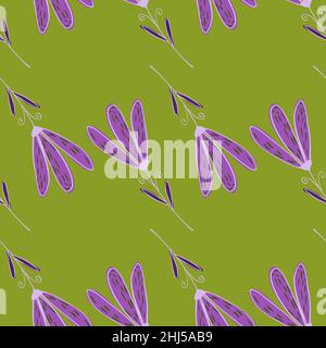 Fiori contornati viola motivo doodle senza cuciture. Sfondo verde. Opere d'arte botanica decorative. Stampa vettoriale piatta per tessuti, tessuti, giftwrap, wallp Illustrazione Vettoriale