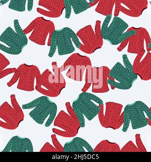 Natale isolato motivo senza cuciture con stampa casuale rosso e verde maglioni. Sfondo bianco. Stampa vettoriale piatta per tessuti, tessuti, giftwrap, wallp Illustrazione Vettoriale