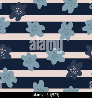 Senza cuciture natura flora motivo con blu disegni fiori colorati stampa. Sfondo a strisce con linee blu navy. Illustrazione di scorta. Disegno vettoriale per t Illustrazione Vettoriale