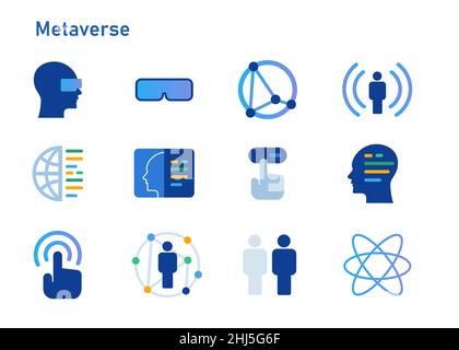 metaverse virtual reality world icon concept technology set collection colore blu Illustrazione Vettoriale