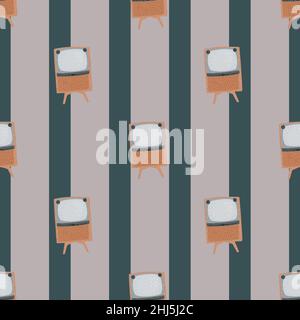 Astratta icona TV cartoon motivo di doodle senza cuciture. Sfondo pallido a righe. Stampa retrò disegnata a mano. Illustrazione vettoriale per stampe tessili stagionali, fa Illustrazione Vettoriale