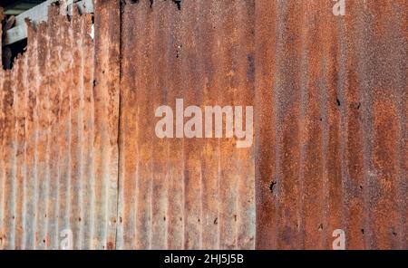Muro di metallo ondulato vecchio rustico su un primo piano rotto casa con fuoco selettivo Foto Stock