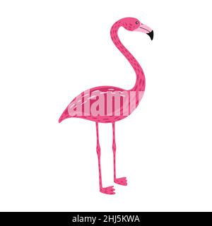 Flamingo in piedi su due gambe isolate su sfondo bianco. Cute di colore rosa uccello con collo lungo e gambe. Animale esotico dall'Africa. In stile doodle v Illustrazione Vettoriale