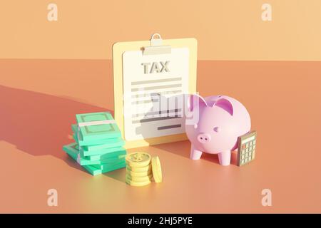 concetto di imposta con soldi di clipboard e risparmi bancari piggy . 3d rendering illustrazione Foto Stock
