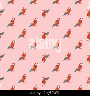 Carino bambola senza cuciture modello animale con pappagallo rosso ornamento ara. Sfondo rosa. Ornitologica. Illustrazione di scorta. Disegno vettoriale per textil Illustrazione Vettoriale