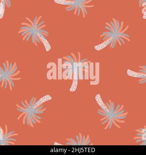 Spiaggia natura senza soluzione di continuità con le palme disegnate a mano blu e grigio. Sfondo corallo. Disegno grafico per avvolgere carta e tessuto Illustrazione Vettoriale