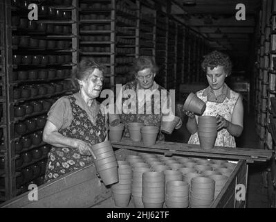 Bilston Pottery 5th maggio 1958Women nella stanza di essiccazione che carica vasi di fiori pronti per essere cotti Foto Stock