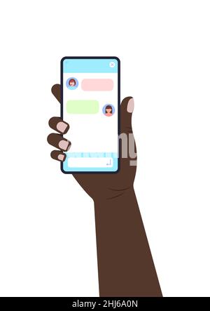 Chat bot dialoge finestre con cuffia donna sullo schermo dello smartphone design piatto. Illustrazione Vettoriale