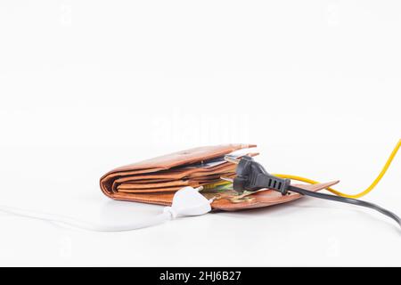 Cavi di alimentazione elettrica cavo di alimentazione collegato a un portafoglio aperto con Euro Money. Pagamento di bollette elettriche. Aumento dei costi dell'elettricità e dei costi Foto Stock