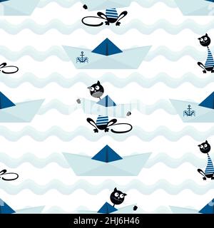 Cat marinaio con una barca di carta. Disegno marino senza cuciture con una barca di carta, un gatto per tessuti per bambini. Illustrazione vettoriale Illustrazione Vettoriale