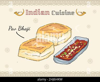 Illustrazione del vettore PAV Bhaji. Indian Pad e Bhaji Concept. Cucina indiana pasto / piatto. PAV Bhaji indian Street Food Illustrazione Vettoriale