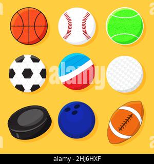 Set di diversi tipi di palle sportive e di puck hockey. Illustrazione vettoriale. Illustrazione Vettoriale