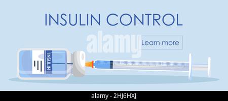 Vettore di controllo dell'insulina. Ottenga la sua iniezione di insulina libera, una siringa per diabetici. Siringa con flacone di vaccino. Trattamento del diabete di tipo 2, Awareness Illustrazione Vettoriale