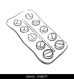 Confezione disegnata a mano di pillole. Farmaci schizzosi isolati su sfondo bianco. Illustrazione vettoriale. Illustrazione Vettoriale