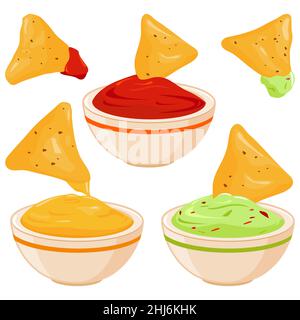 Bocce di avocado guacamole dip, salsa di pomodoro e salsa al formaggio e nachos chips. Foto Stock