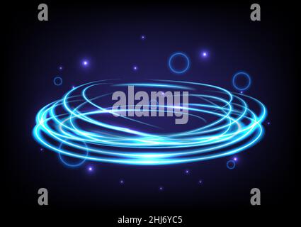 Effetto luce di turbolenza blu. Cornice astratta magica. Energia di potenza dell'elemento circolare. fantascienza luminosa. Luci al neon brillanti cosmiche. Vortice futuristico Illustrazione Vettoriale