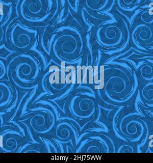 Modello vettoriale blu senza giunture di spirali e angoli.modello vettoriale geometrico blu senza giunture di spirali di strisce lisce e rotte su un blu Illustrazione Vettoriale