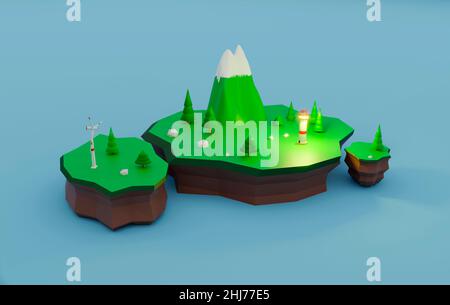 Concetto di ecologia fonti rinnovabili energia pulita in 3D polystyle basso. Turbina eolica a isola galleggiante. Montagna e alberi. 3d rappresentazione illustrazione. Foto Stock