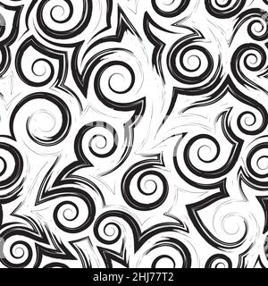 Stock vettoriale modello senza giunture di spirali e onde.Stock vettoriale trama senza giunture di tratti fluenti di vernice nera. Illustrazione Vettoriale