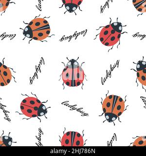 Estate foresta floreale senza cuciture disegno a mano primavera pastello giardino sfondo con fiori, foglie, sciamrock e ladybugs per bambini, bambino, tessile, Illustrazione Vettoriale