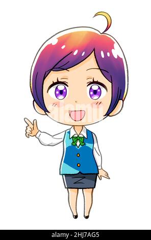 manga kawaii chibi donna ufficio illustrazione (donna punta a qualcosa) Foto Stock