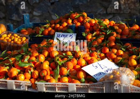 Tangerini in un mercato agricolo, con una profondità poco profonda e vista frontale. Foto Stock