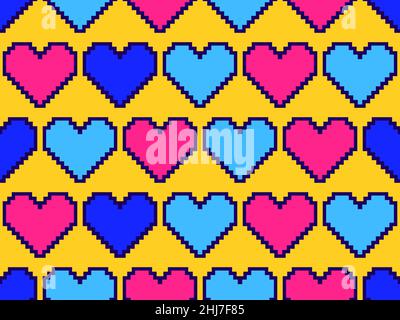 Pixel art hearts pattern senza giunture. Cuori colorati a 8 bit. Video game retrò a 8 bit. Disegno per stampa, carta da imballaggio e pubblicità. Illustratio vettoriale Illustrazione Vettoriale