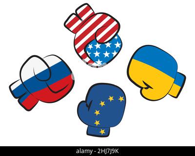 Ucraina, Russia, Stati Uniti d'America e bandiere dell'UE sui guanti da boxe che si combattono a vicenda. Ucraina vs Russia crisi Illustrazione isolata su bianco. Foto Stock