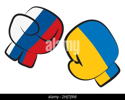 L'Ucraina e la Russia bandierano sui guanti di boxe che si combattono a vicenda. Ucraina vs Russia crisi Illustrazione isolata su bianco. Foto Stock