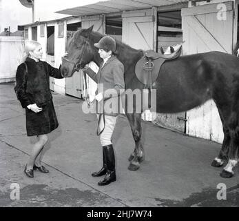 1968, storico, fuori una scuderia, una ragazza rider in equipaggiamento da guida e con un cavallo accanto a lei, saddled in su, parlando con una giovane donna attraente in un cappotto di pelliccia, Inghilterra, Regno Unito. Foto Stock