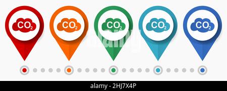 Anidride carbonica, set di icone vettoriali di concetto CO2, puntatori telefonici a design piatto, modello infografico Illustrazione Vettoriale