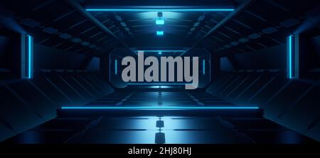 Futuristico Industrial Alien Interior Empty Studio Ultra Modern laser Glowing with Black Colors 3D rendering Foto Stock