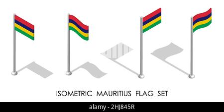 Bandiera isometrica della Repubblica DI MAURITIUS in posizione statica e in movimento sul flagpole. 3d vettore Illustrazione Vettoriale