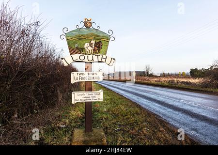 Louth in Lincolnshire, UK., Louth cartello di benvenuto welcom, gemellato con cartello, Louth UK, UK, England, Lincolnshire, Louth Lincolnshire, segno,benvenuto, Foto Stock