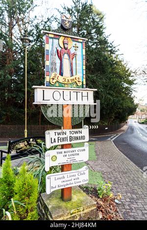 Louth in Lincolnshire, UK., Louth cartello di benvenuto welcom, gemellato con cartello, Louth UK, UK, England, Lincolnshire, Louth Lincolnshire, segno,benvenuto, Foto Stock