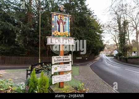 Louth in Lincolnshire, UK., Louth cartello di benvenuto welcom, gemellato con cartello, Louth UK, UK, England, Lincolnshire, Louth Lincolnshire, segno,benvenuto, Foto Stock