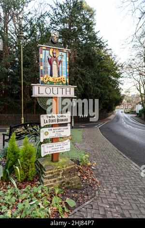 Louth in Lincolnshire, UK., Louth cartello di benvenuto welcom, gemellato con cartello, Louth UK, UK, England, Lincolnshire, Louth Lincolnshire, segno,benvenuto, Foto Stock