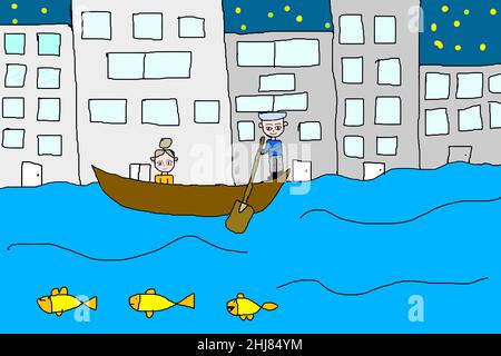 Venezia a barca e case. Disegno per bambini. Foto Stock